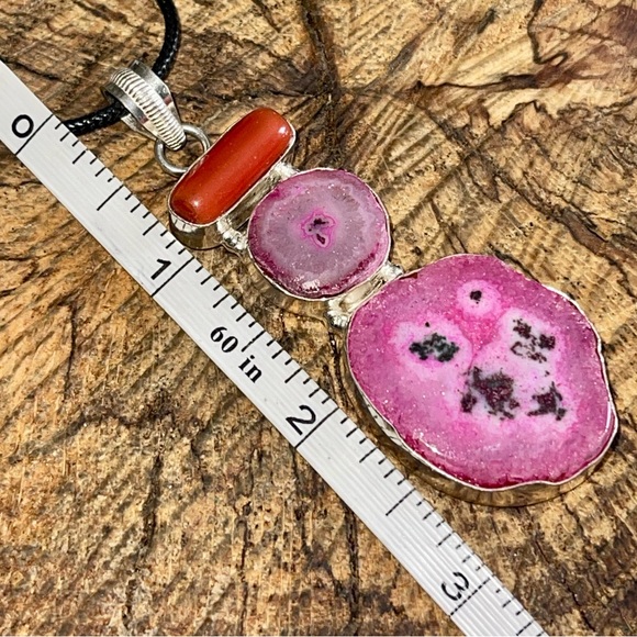 Drusy Solar Quartz & Red Coral Pendant 3” - Picture 10 of 12